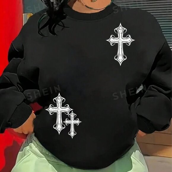 SHEIN Sweaters - Shein Black Slayr Cross Print Drop Sleeve Casual Sweatshirt SZ M